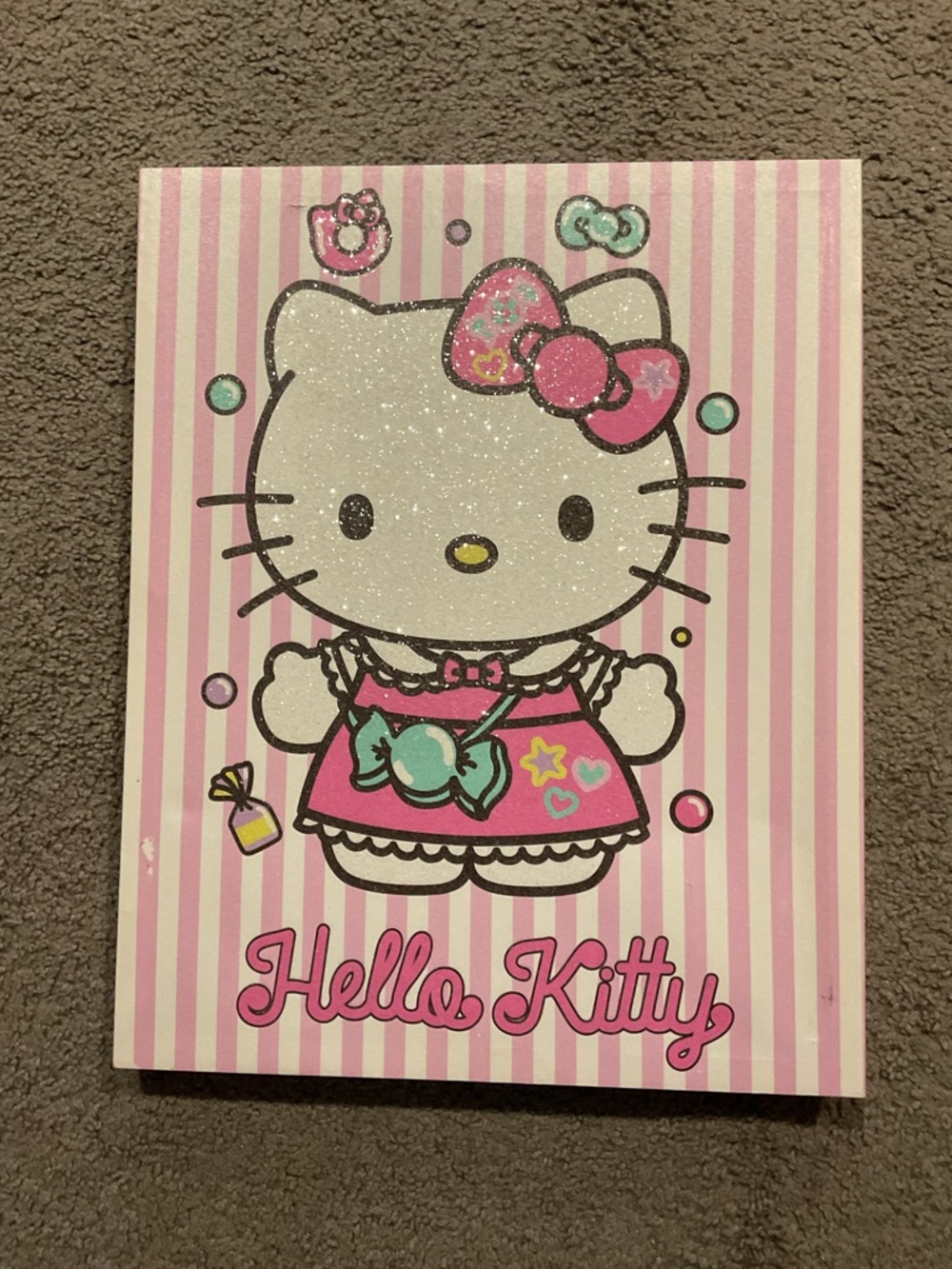 Hello Kitty Hot Topic Vintage LARGE Pink White Striped Art Picture Glitter Y2K
